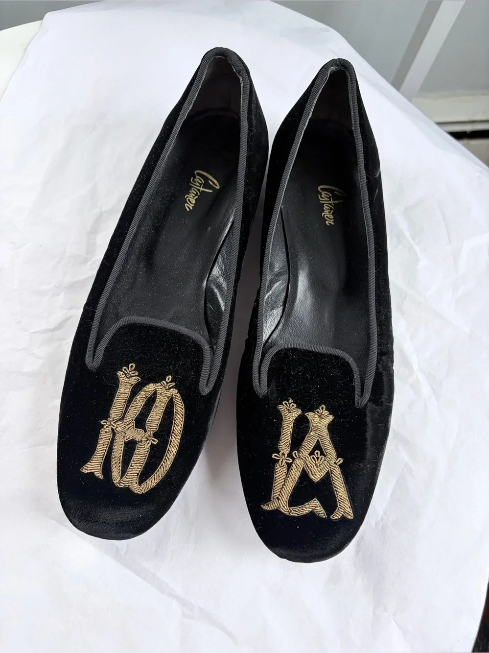 Castaner Black Velvet Loafers with Gold Monogram size 39